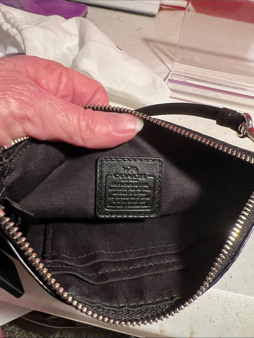Coach Black Pebbled Leather Shearling-Trim Wristlet - Picture 8 of 14